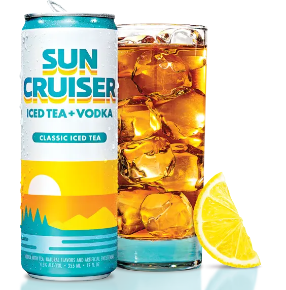 A can of Sun Cruiser Iced Tea sitting next to a glass filled with ice