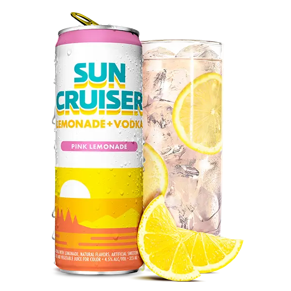 A can of Sun Cruiser Pink Lemonade sitting next to a glass filled with ice